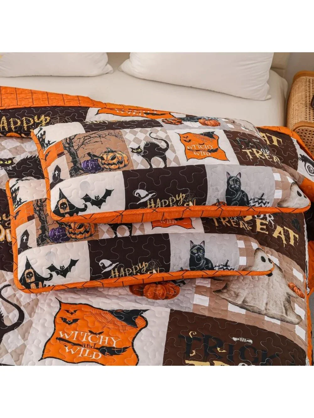 King Size Halloween Quilt Set - Fall Patchwork Bedspread 3-Piece Bedding Set